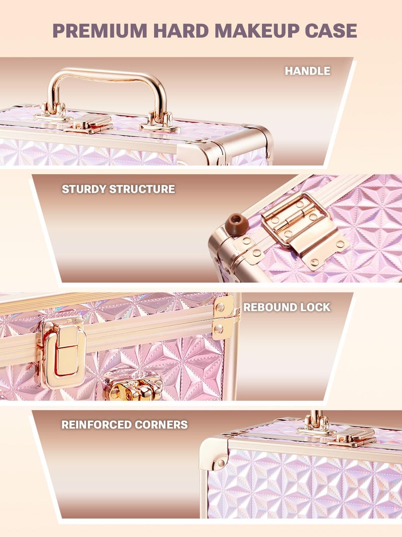 Qislee Makeup Box with A Detachable Lighted Mirror, Waterproof Travel Train Case, Cosmetic Organizer and Makeup Suitcase with Adjustable Dividers, Magnetic LED Mirror(Sparkling Pink) - Image 4
