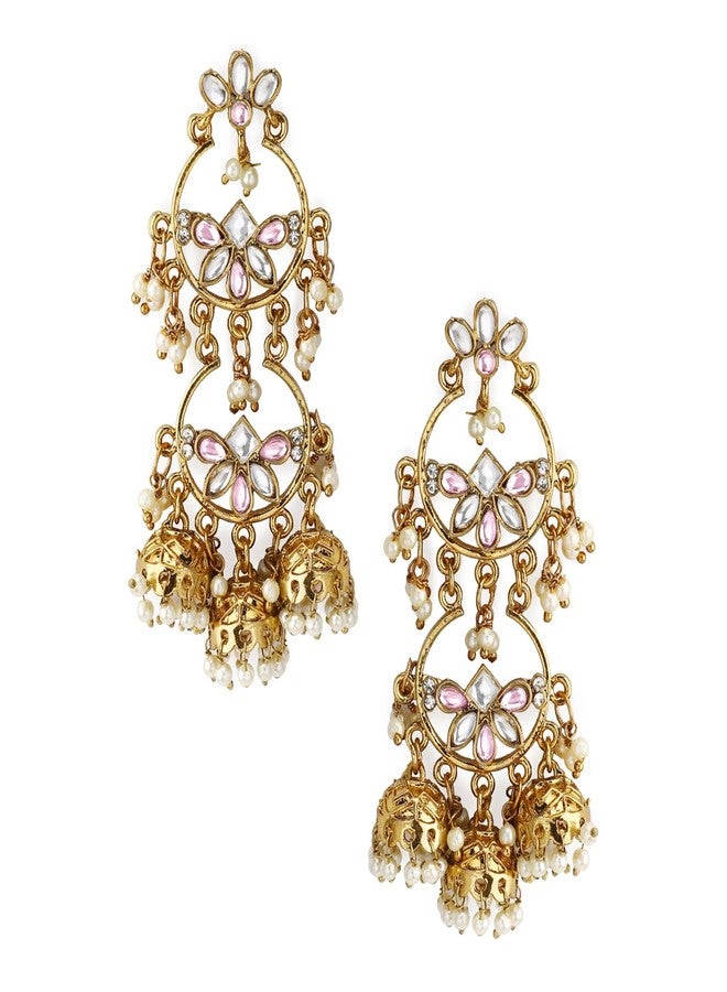 Rubans Women's & Girl's 18K Mehandi Gold-Plated Pink & White Kundan Studded Chandbali-Jhumka Hybrid Earring - Image 1