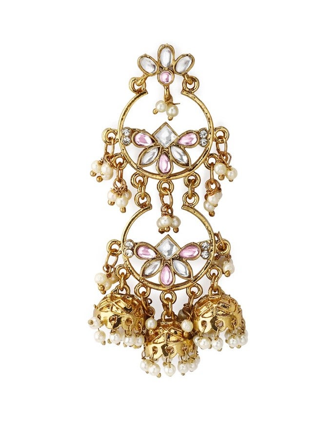 Rubans Women's & Girl's 18K Mehandi Gold-Plated Pink & White Kundan Studded Chandbali-Jhumka Hybrid Earring - Image 2