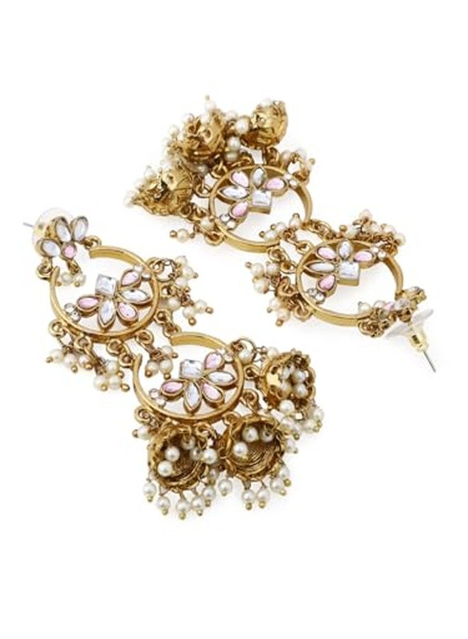 Rubans Women's & Girl's 18K Mehandi Gold-Plated Pink & White Kundan Studded Chandbali-Jhumka Hybrid Earring - Image 4