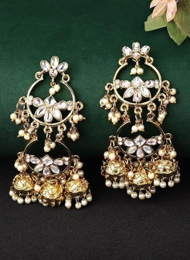 Rubans Women's & Girl's 18K Mehandi Gold-Plated Pink & White Kundan Studded Chandbali-Jhumka Hybrid Earring - Image 3