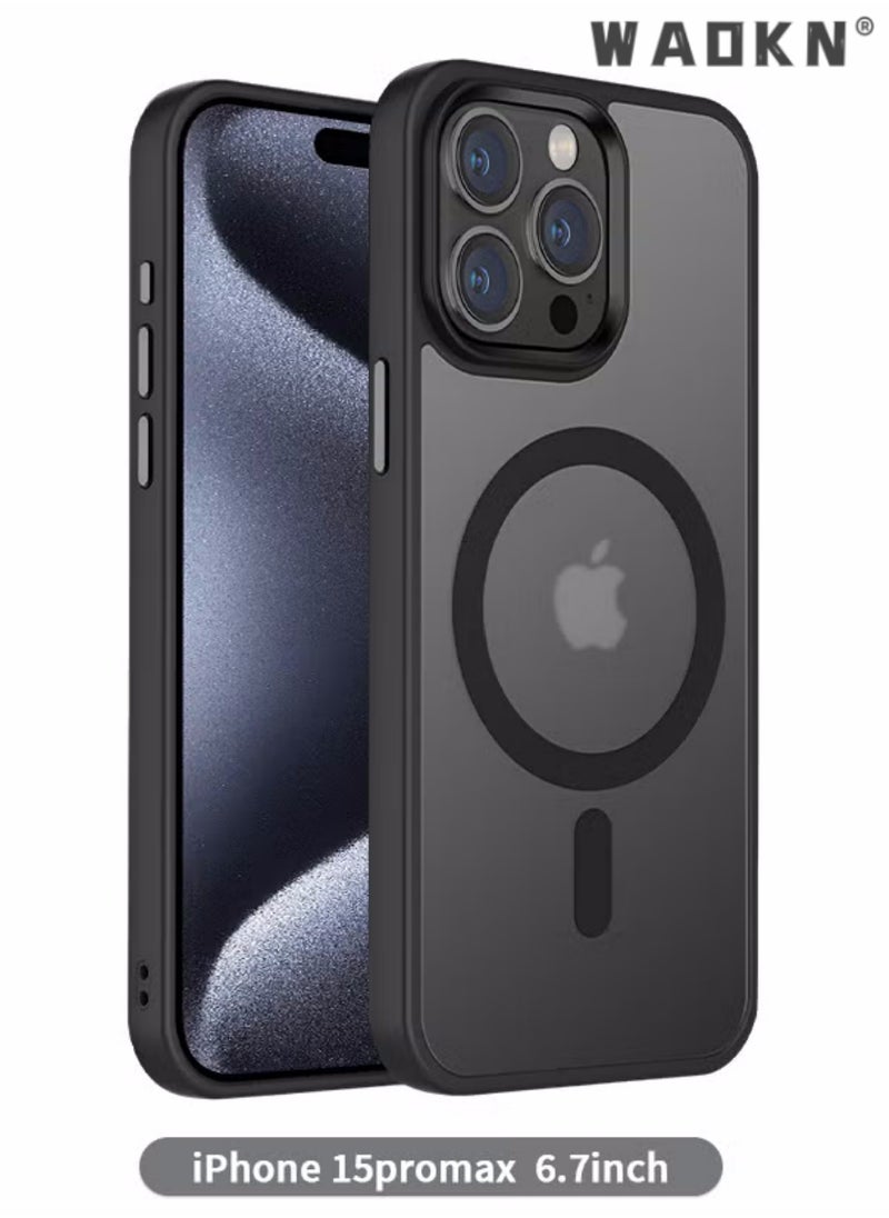 WAOKN - Magnetic Designed for iPhone 15 Pro Max Black Case, Protection & Compatible with , Translucent Matte Back with Soft Edge Phone Case iPhone 15 Pro Max Case Transparent - Image 1