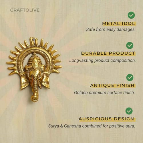 Craftolive Golden Metal Surya Ganesha Wall Hanging | Ganesh Ji Idol | Decorative Showpiece For Home & Pooja Room | Religious Gift | Housewarming | Feng Shui Décor, 21 Cm - Image 5