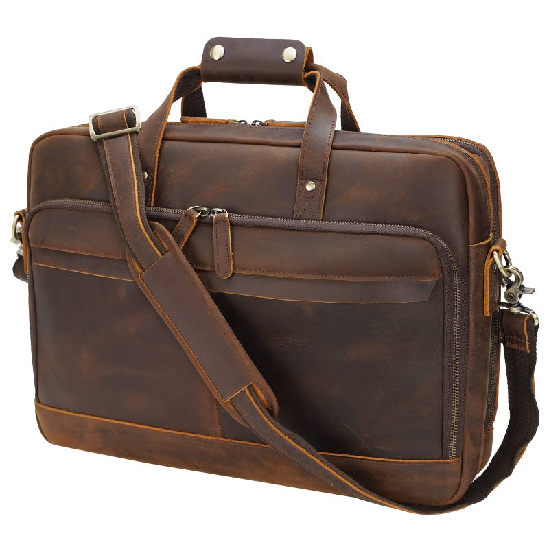 TIDING TIDING Mens Leather Laptop Bag 17 Inch Business Briefcase Tote Shoulder Bag with Trolley Strap Lare Capacity Handbag, Brown-002, Briefcase  - Image 1