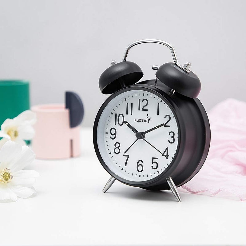 FLOITTUY {Loud Alarm for Deep Sleepers) 4'' Twin Bell Alarm Clock with Backlight for Bedroom and Home Decoration(Black) - Image 1