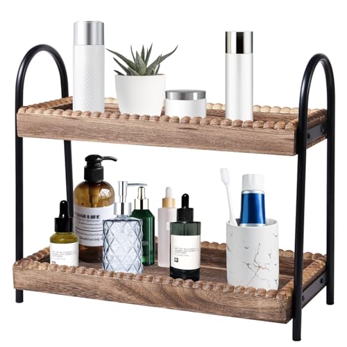BDBDYEAY Bathroom Countertop Organizer, 2 Tier Vanity Organizer and Storage for Cosmetic Skincare Perfume, Wood Bead Storage Shelf for Bathroom Kitchen Coffee Station - Image 1
