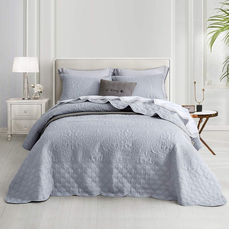 CHIXIN CHIXIN Oversized Bedspread Coverlet Set King Size  Lightweight Bedding Cover  Ultrasonic Quilting  4 Piece Reversible Bedspread  Elegant Damask Paisley Pattern King Light Grey 