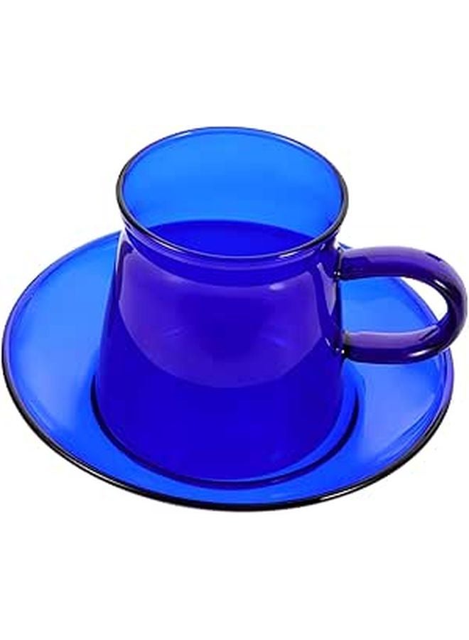 Retro Blue Heat Resistant Glass Coffee Tea Cup and Saucer Set for Hot Cold Beverages - Image 1
