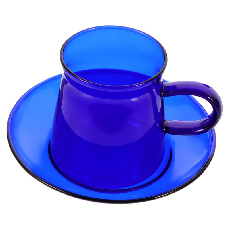 Retro Blue Heat Resistant Glass Coffee Tea Cup and Saucer Set for Hot Cold Beverages - Image 2