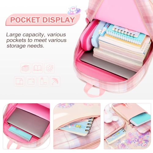 FIXITOK Girls Backpack Set, 3PCS Kids Backpack for Girls, Kawaii Bunny School Backpacks for Girl Kindergarten Elementary Preschool Middle School Bags with Lunch Box Pencil Case Pink-Plaid - Image 3