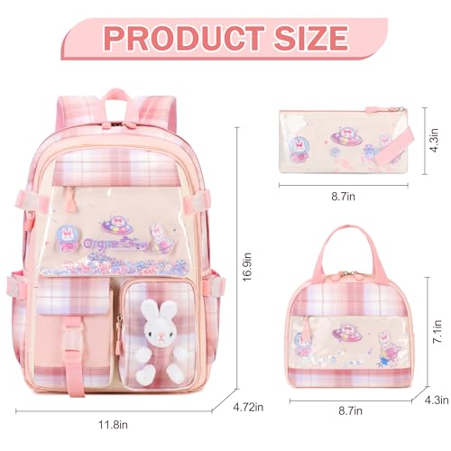 FIXITOK Girls Backpack Set, 3PCS Kids Backpack for Girls, Kawaii Bunny School Backpacks for Girl Kindergarten Elementary Preschool Middle School Bags with Lunch Box Pencil Case Pink-Plaid - Image 2