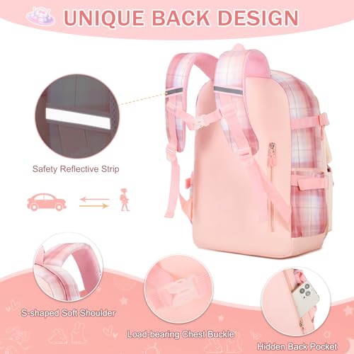 FIXITOK Girls Backpack Set, 3PCS Kids Backpack for Girls, Kawaii Bunny School Backpacks for Girl Kindergarten Elementary Preschool Middle School Bags with Lunch Box Pencil Case Pink-Plaid - Image 4