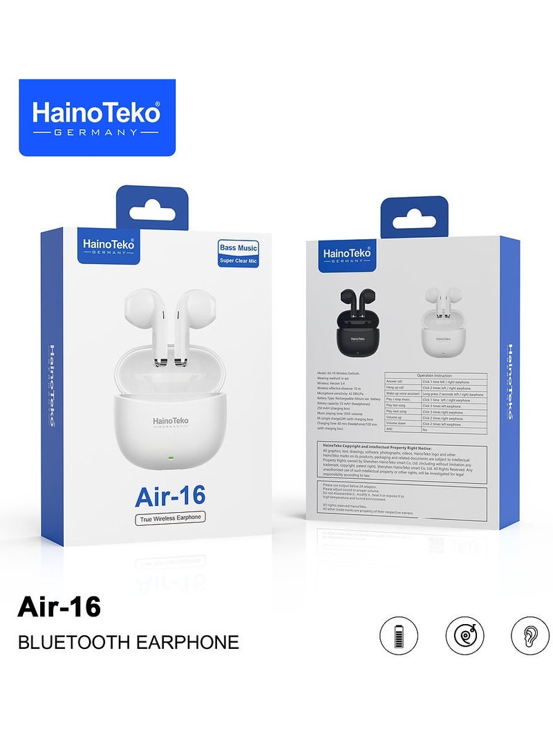 Haino Teko Air-16 True Wireless Earphones With Super Clear Mic and High Bass Sound Quaity Compatible With iPhone and iPads White - Image 4