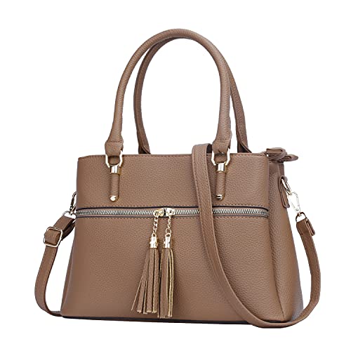 KKXIU 3 Zippered Compartments Purses and Handbags for Women Vegan Leather Ladies Multi Pocket Satchel Bags (D-camel) - Image 1