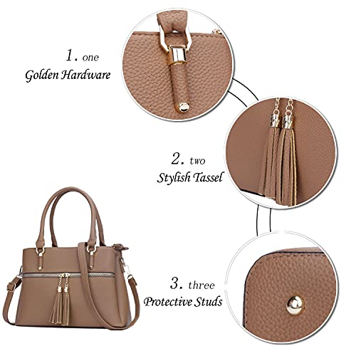 KKXIU 3 Zippered Compartments Purses and Handbags for Women Vegan Leather Ladies Multi Pocket Satchel Bags (D-camel) - Image 4