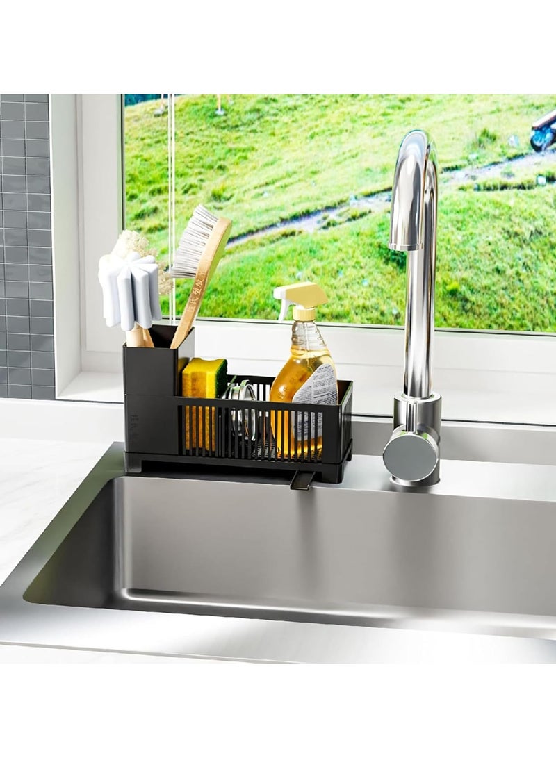 Mmmon Sink Caddy,Kitchen Sink Organizer,BlackSponge Holder with High Scrub BrushHolder,Plastic Kitchen CountertopOrganizer,Multipurpose Sponge DrainRack,Dish Soap,Dish sponge Holder,SoapDispenser,1Pc - Image 5