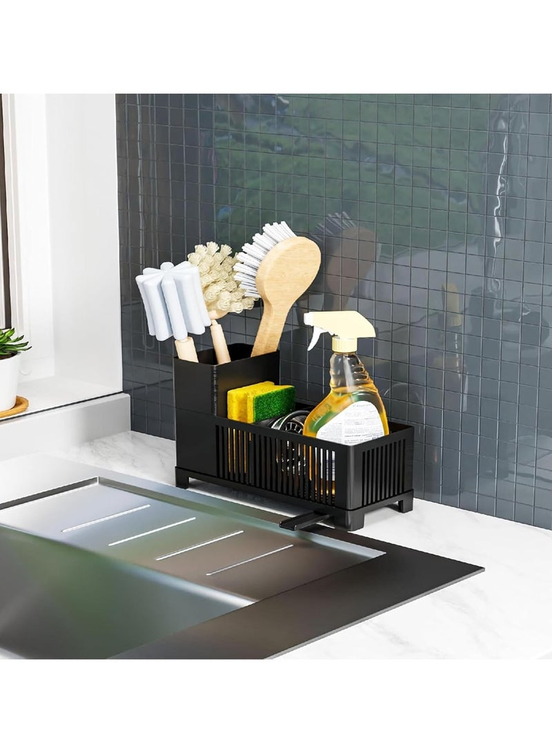 Mmmon Sink Caddy,Kitchen Sink Organizer,BlackSponge Holder with High Scrub BrushHolder,Plastic Kitchen CountertopOrganizer,Multipurpose Sponge DrainRack,Dish Soap,Dish sponge Holder,SoapDispenser,1Pc - Image 3