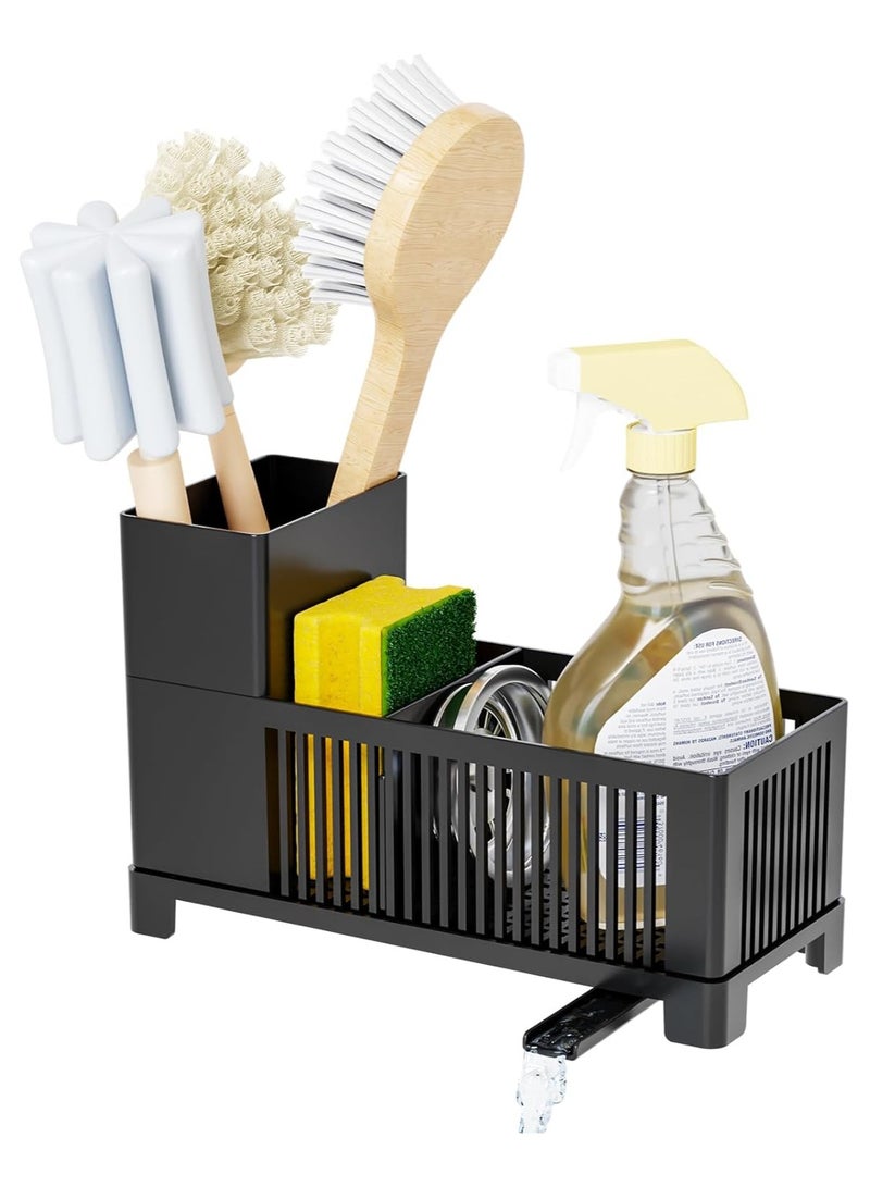 Mmmon Sink Caddy,Kitchen Sink Organizer,BlackSponge Holder with High Scrub BrushHolder,Plastic Kitchen CountertopOrganizer,Multipurpose Sponge DrainRack,Dish Soap,Dish sponge Holder,SoapDispenser,1Pc - Image 1