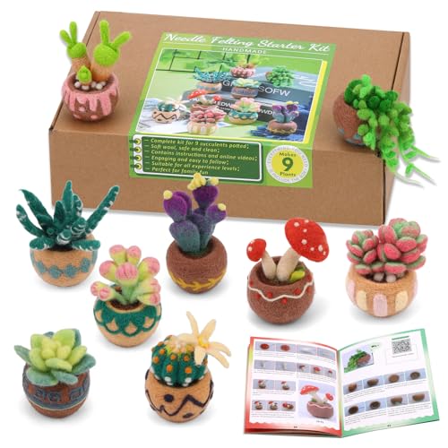 Yizzvb Needle Felting Kit, 9 Pcs Succulent Needle Felt Beginner Kits, Wool Felting Kit Including Wool Roving, Felting Pad, Felting Needles and Instructions for DIY Craft Home Decoration - Image 1