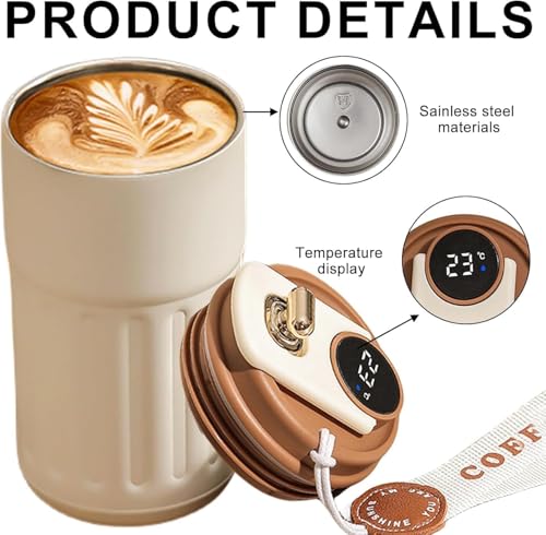 Roslen Coffee Travel Mug with Smart Temperature Display, Double Walled Stainless Steel Tumbler, Vacuum Insulated Coffee Mug Leakproof Lid, Double Walled Reusable Coffee Cup for Hot and Cold (Brown) - Image 3