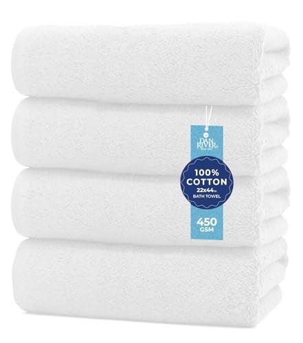 DAN RIVER 4 Pack Cotton Bath Towels  22x44 Inches Lightweight Super Absorbent Quick Drying Soft  Durable Thick White Bath Towels for Home Gym and Spa