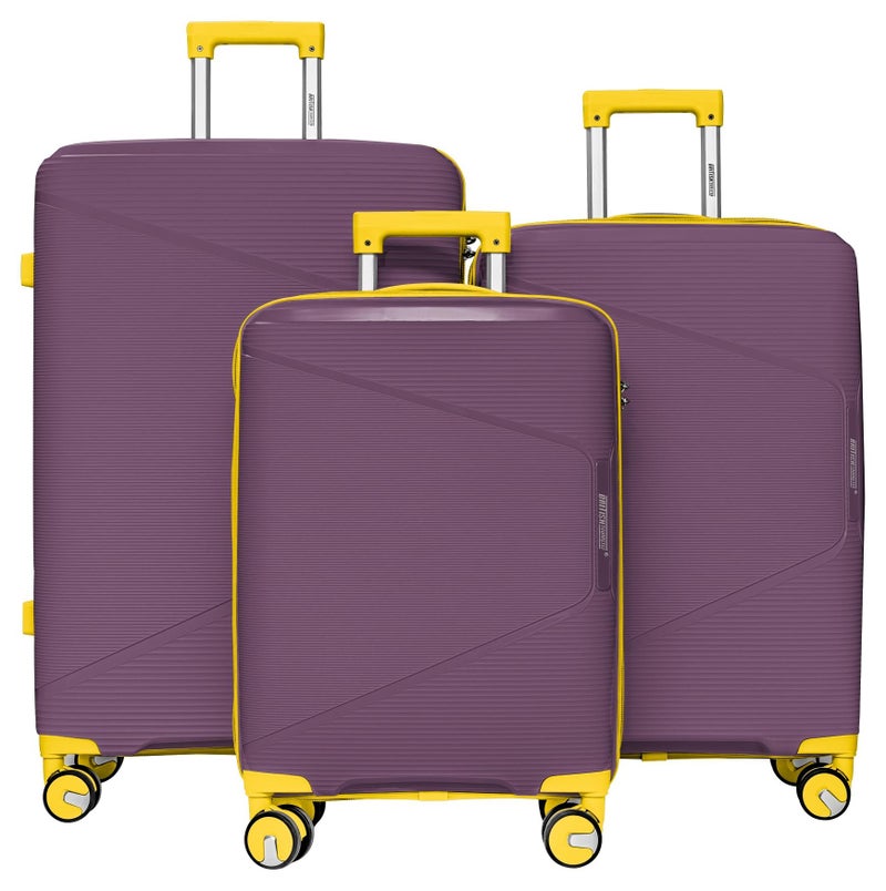 السياحية البريطانية طقم حقائب سفر من البولي بروبيلين، مكون من 3 قطع، بجوانب صلبة، مع قفل من إدارة أمن النقل (TSA) | حقائب سفر خفيفة الوزن بعجلات دوارة بزاوية 360 درجة | حقائب ترولي متينة لسفر آمن (صغير، متوسط، كبير) - بنفسجي - Image 1