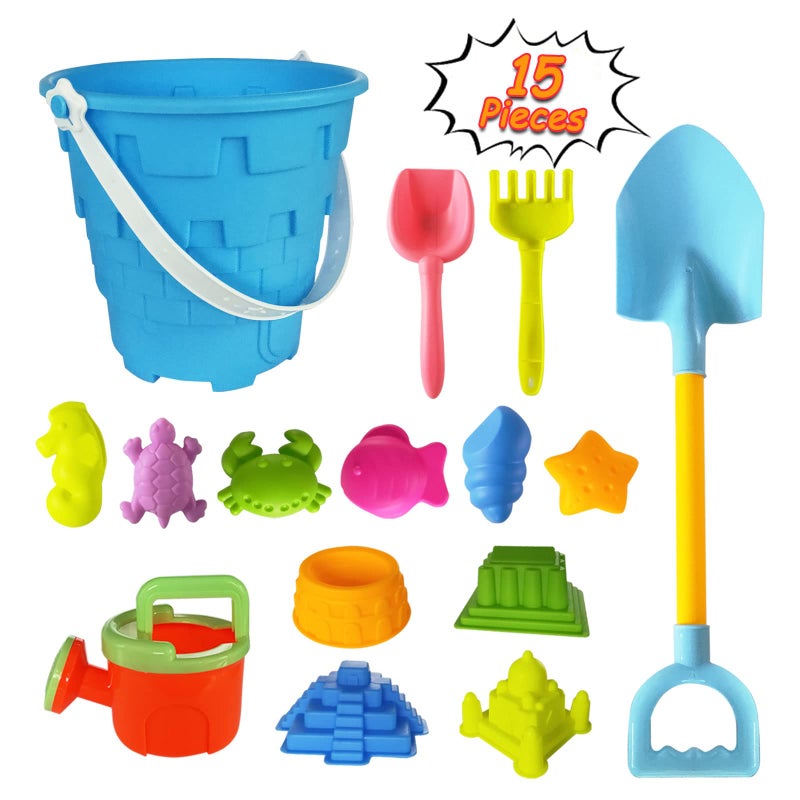 Airoads Beach Sand Toy Set for Kids 15PCS Sand Toys with Beach Bucket Watering Can Big Shovel Rake Sea Animal Molds Sand Castle Building Kit for Boys Girls Toddlers - Image 3
