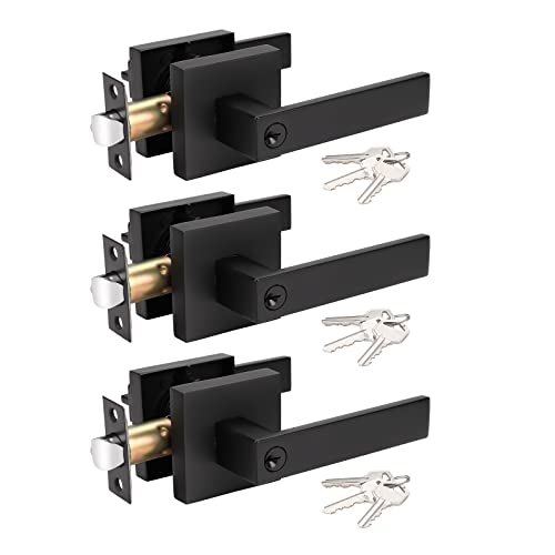 KNOBWELL 3 Pack Matte Black Door Handle with Lock and Key, Entrance Handleset Front Door Leverset, Keyed Alike/Combo Keys 2.13 lb One Lever, Left or Right Handing - Image 1