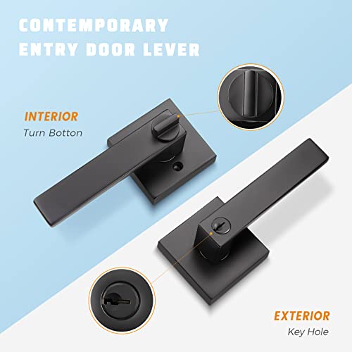 KNOBWELL 3 Pack Matte Black Door Handle with Lock and Key, Entrance Handleset Front Door Leverset, Keyed Alike/Combo Keys 2.13 lb One Lever, Left or Right Handing - Image 2