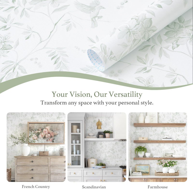 Dimoon 17.3''x78.7'' Green Peel and Stick Wallpaper Floral Modern Sage Light Green Contact Paper White Bird Wallpaper Removable Renter Friendly Waterproof Embossed Kitchen Bedroom Bathroom Vinyl Roll - Image 3