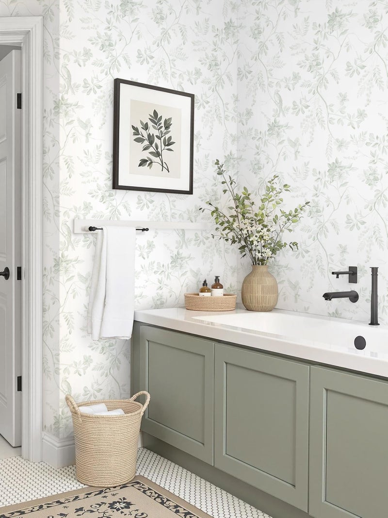Dimoon 17.3''x78.7'' Green Peel and Stick Wallpaper Floral Modern Sage Light Green Contact Paper White Bird Wallpaper Removable Renter Friendly Waterproof Embossed Kitchen Bedroom Bathroom Vinyl Roll - Image 5