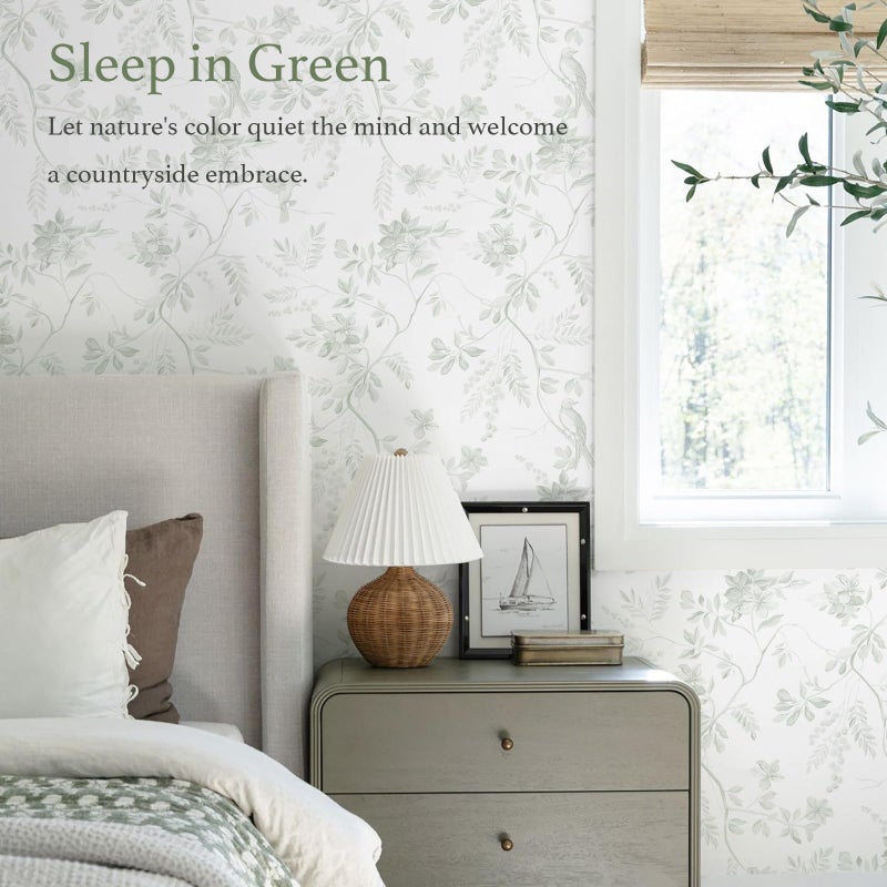 Dimoon 17.3''x78.7'' Green Peel and Stick Wallpaper Floral Modern Sage Light Green Contact Paper White Bird Wallpaper Removable Renter Friendly Waterproof Embossed Kitchen Bedroom Bathroom Vinyl Roll - Image 2