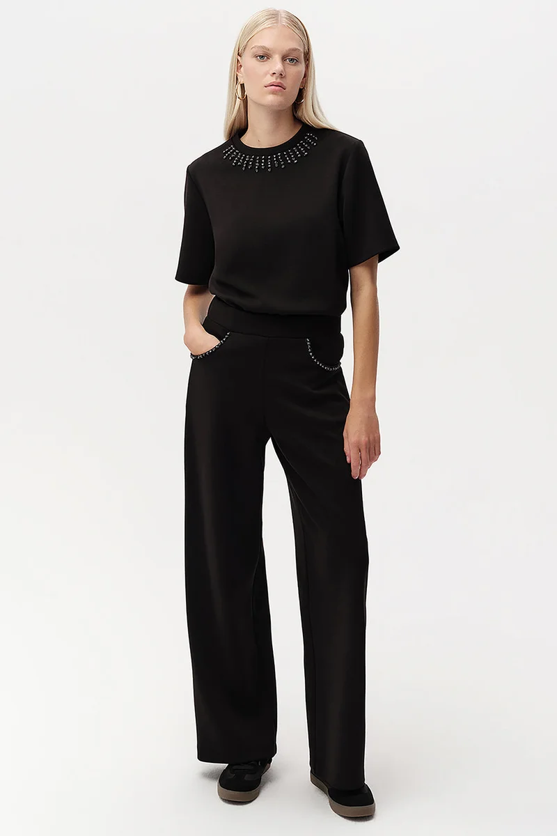 Exquise Stone Detail Wide Leg Regular Pants