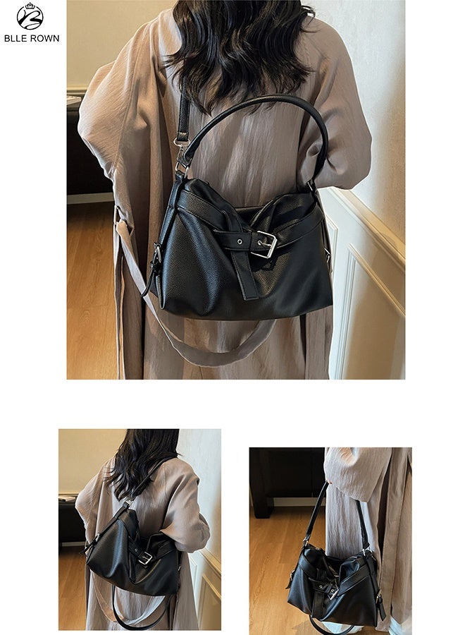 بليه روان شنطة نسائية كبيرة bags for ladies حقيبة كتف هوبو جلد صناعي مع حزام تصميم عصري – لون أسود - Image 2