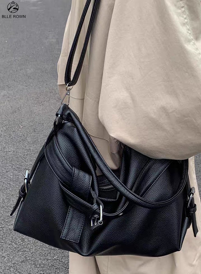 بليه روان شنطة نسائية كبيرة bags for ladies حقيبة كتف هوبو جلد صناعي مع حزام تصميم عصري – لون أسود - Image 4