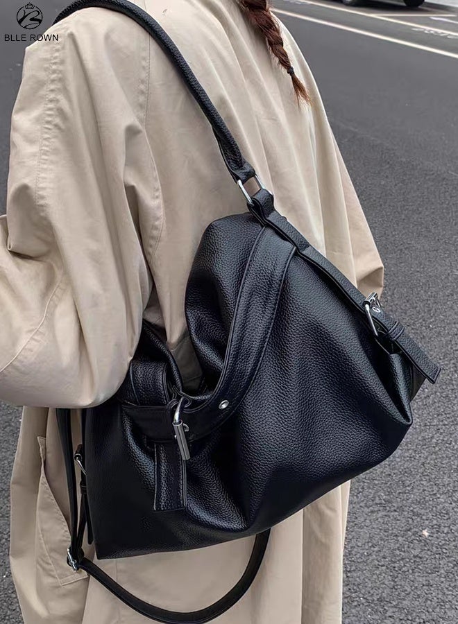 بليه روان شنطة نسائية كبيرة bags for ladies حقيبة كتف هوبو جلد صناعي مع حزام تصميم عصري – لون أسود - Image 5