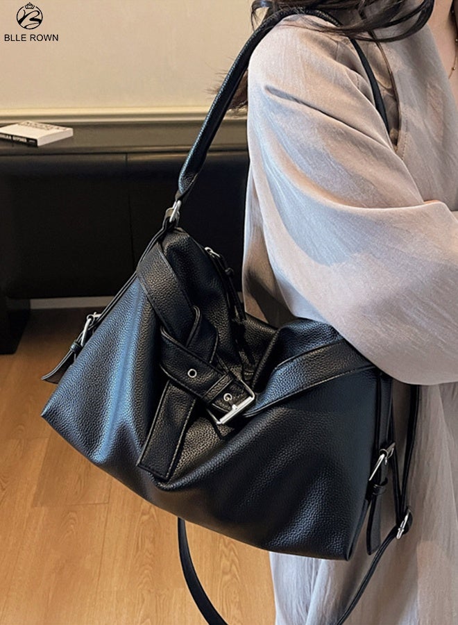 بليه روان شنطة نسائية كبيرة bags for ladies حقيبة كتف هوبو جلد صناعي مع حزام تصميم عصري – لون أسود - Image 3