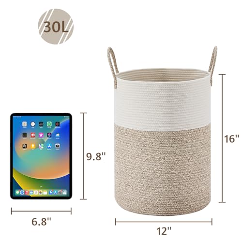 VIPOSCO Tall Laundry Hamper, Woven Rope Storage Basket for Blanket, Toys, Dirty Clothes in Living Room, Bathroom, Bedroom - 30L White & Brown - Image 5