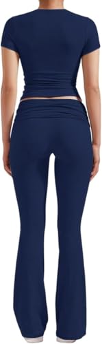 ZFLM Casual Workout Two Piece Outfits for Women Short Sleeve Crop High Waist Foldover Flare Pants Tracksuit Sets Streetwear - Image 4