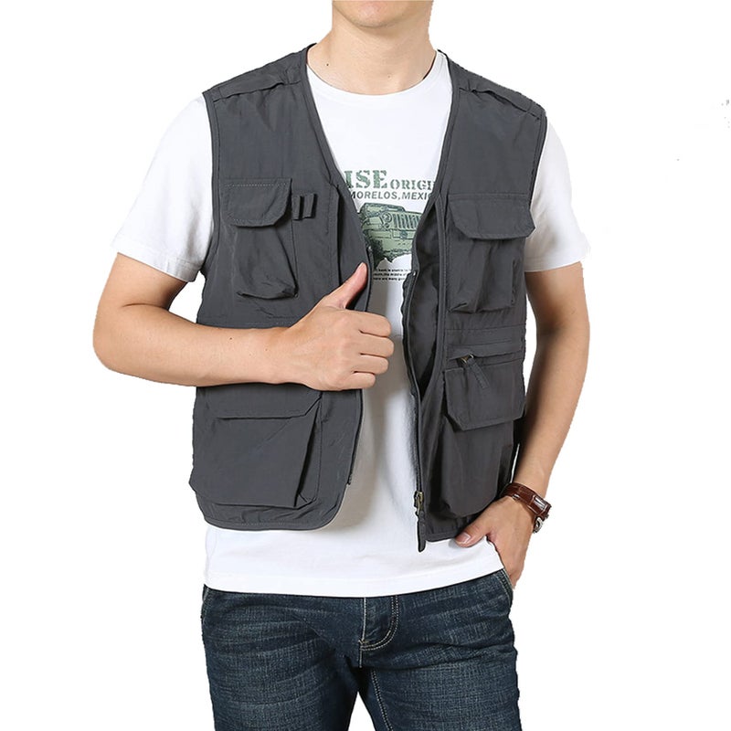 Perbai Mens Black Utility Fishing Vest Outdoor Summer Lightweight Work Photo Safari Cargo VestGreyXS - Image 2