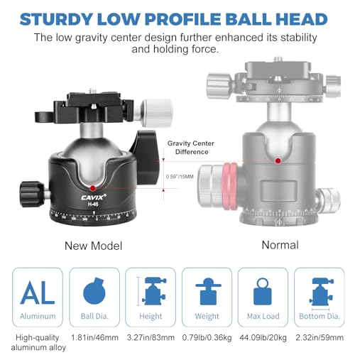 CAVIX Tripod Ball Head, CAVIX H-46 Metal Ball Head Camera Tripod Head 44lbs/20kg Load with Arca Swiss Quick Release Plate for Tripod, Monopod, DSLR, Camera - Image 2