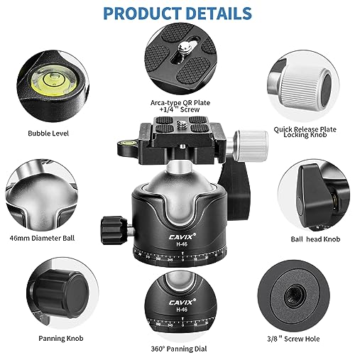 CAVIX Tripod Ball Head, CAVIX H-46 Metal Ball Head Camera Tripod Head 44lbs/20kg Load with Arca Swiss Quick Release Plate for Tripod, Monopod, DSLR, Camera - Image 4