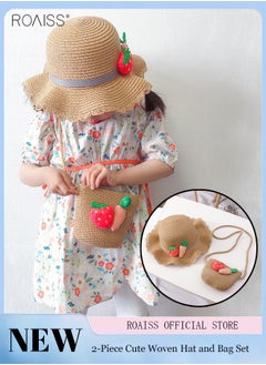 roaiss 2-Piece Summer Children'S Sunshade Hat Beach Sunscreen Straw Hat Straw Woven Fisherman'S Hat Purse Set Travel Holiday Lovely Hat Satchel  - Image 1