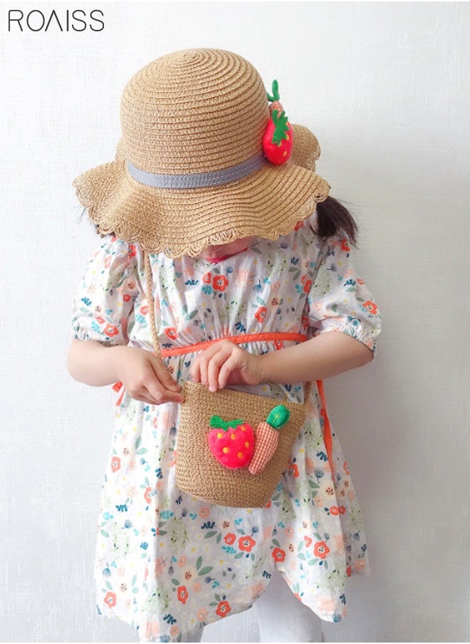 roaiss - 2-Piece Summer Children'S Sunshade Hat Beach Sunscreen Straw Hat Straw Woven Fisherman'S Hat Purse Set Travel Holiday Lovely Hat Satchel - Image 1