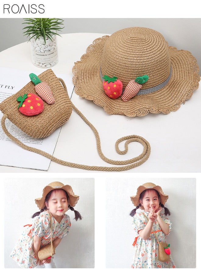 roaiss - 2-Piece Summer Children'S Sunshade Hat Beach Sunscreen Straw Hat Straw Woven Fisherman'S Hat Purse Set Travel Holiday Lovely Hat Satchel - Image 1