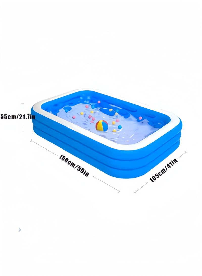 GGEROU حمام سباحة قابل للنفخ، حمامات سباحة للأطفال، حمام سباحة عائلي سميك بحجم كبير، حمام سباحة هوائي ثلاثي الطبقات باللونين الأزرق والأبيض، لحفلات المياه الصيفية، 150*105*56 سم - Image 2