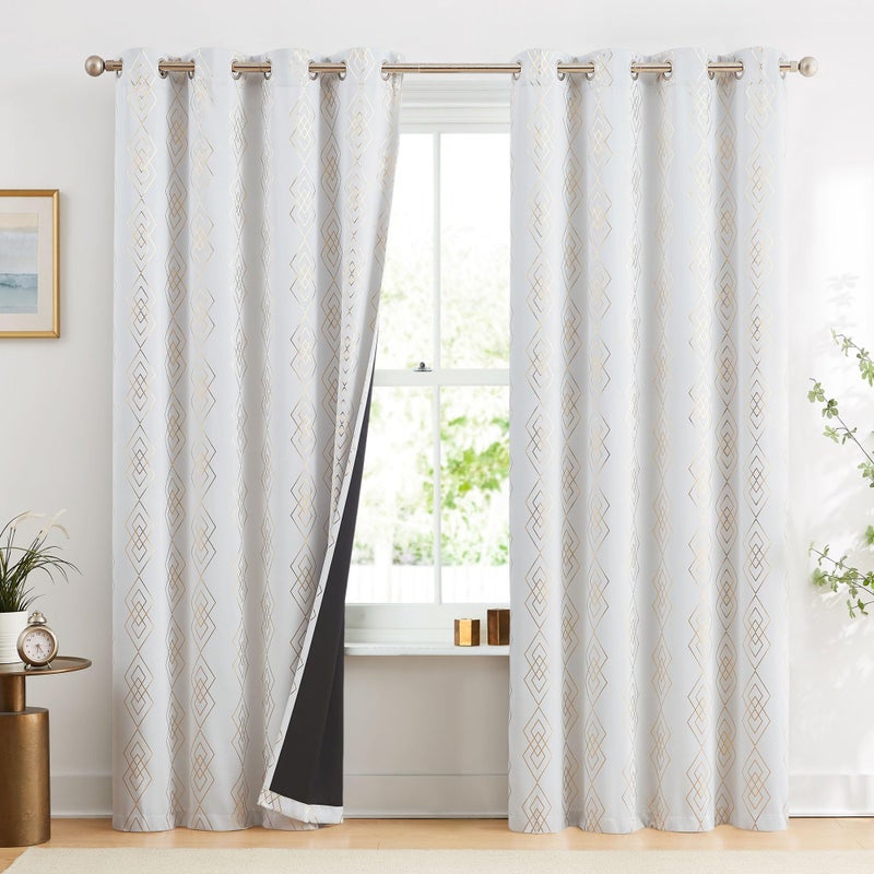 ugoutry ugoutry White/Gold Full Blackout Curtains for Bedroom Metallic Geometric Diamond Pattern Curtains 96 Inches Long Living Room Darkening Thermal Insulated Drapes Grommet Top Window Treatments  2 Panels - Image 1