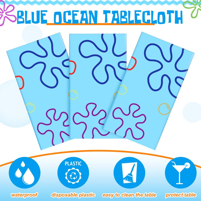 Joottuan 3 Pcs Sponge Birthday Party Decorations Blue Ocean Flower Tablecloth 54 x 108 Inch Disposable Happy Birthday Table Cover for Rectangle Table Baby Shower Party Supplies - Image 3