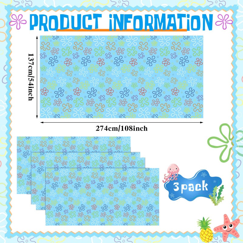 Joottuan 3 Pcs Sponge Birthday Party Decorations Blue Ocean Flower Tablecloth 54 x 108 Inch Disposable Happy Birthday Table Cover for Rectangle Table Baby Shower Party Supplies - Image 2