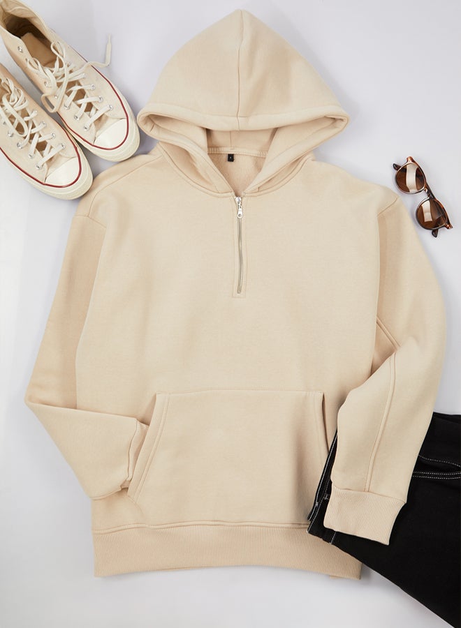 trendyol Stone Oversize/Wide Cut Zippered Hooded Fleece Inside Basic Sweatshirt - Image 2